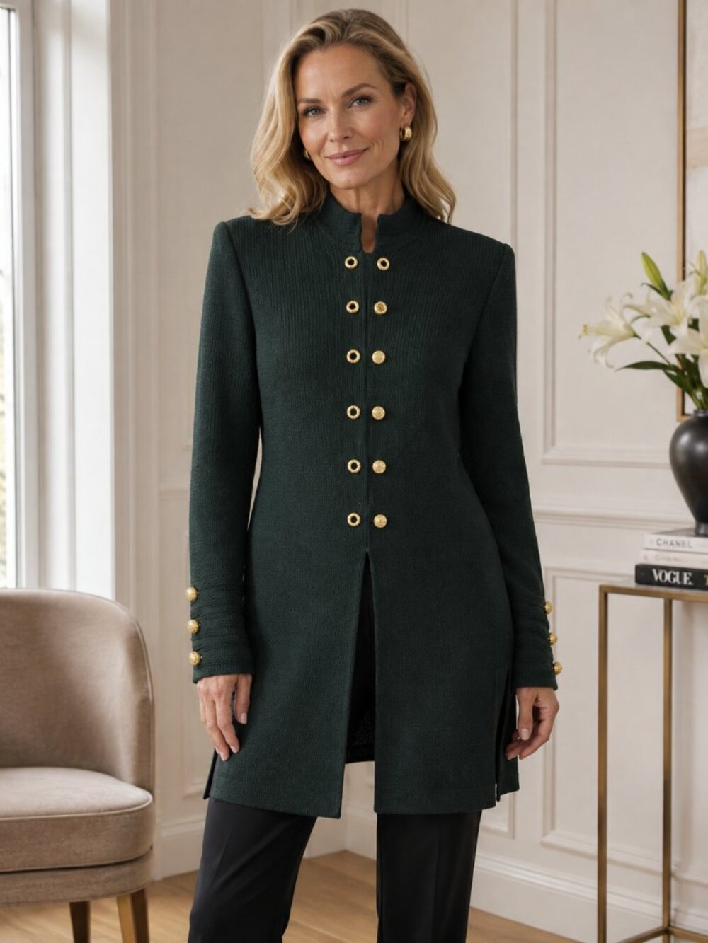 St. John Vtg Santana Knit Long Green Jacket Mandarin Collar Women's 6